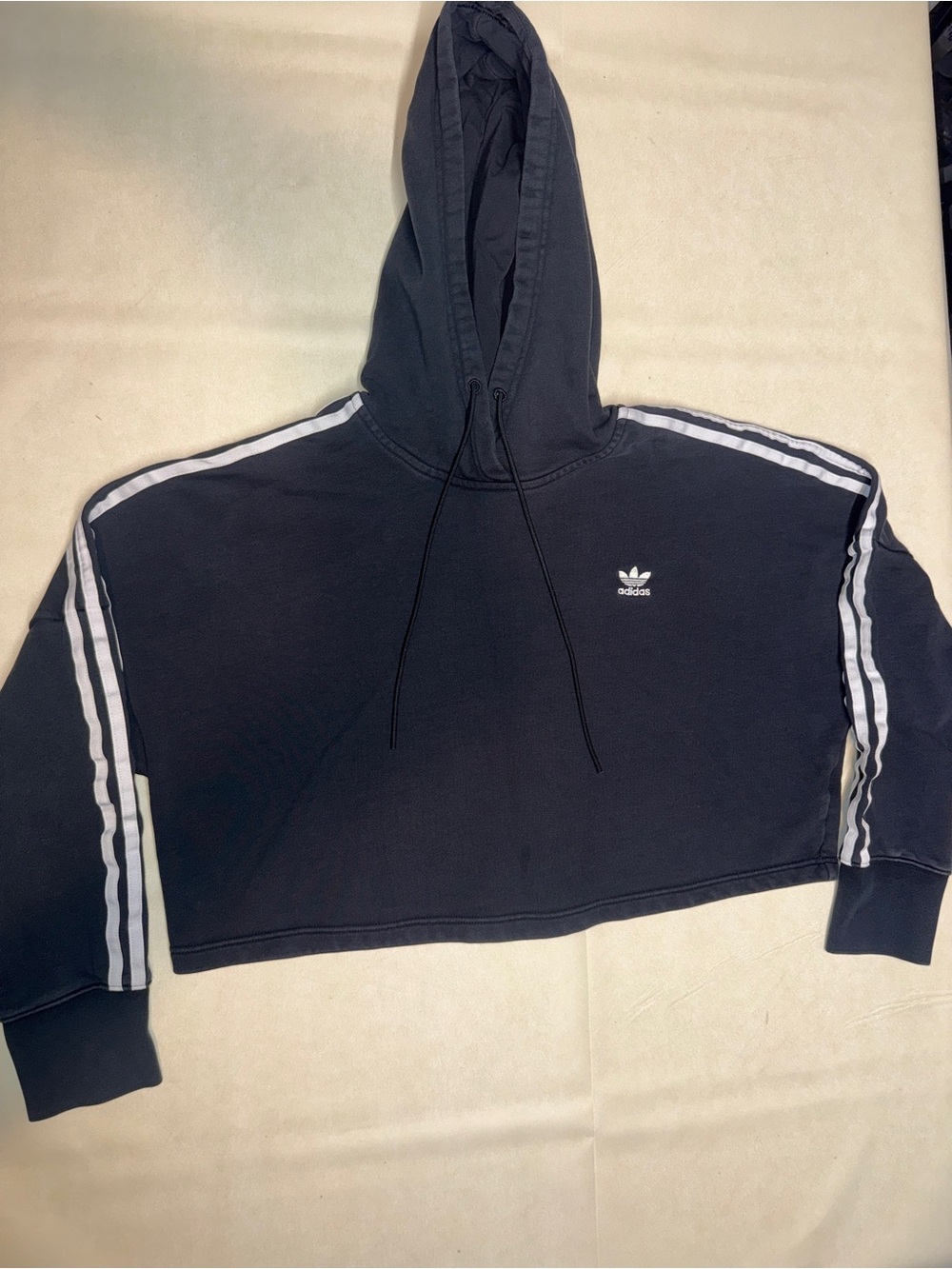 adidas Kids Black Hooded Cropped Sweatshirt with White Stripes